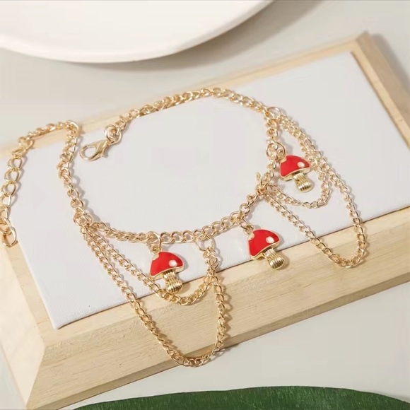 Gold Plated Multi Layer Summer Anklet Ankle Bracelet Mushrooms - Picture 4 of 5